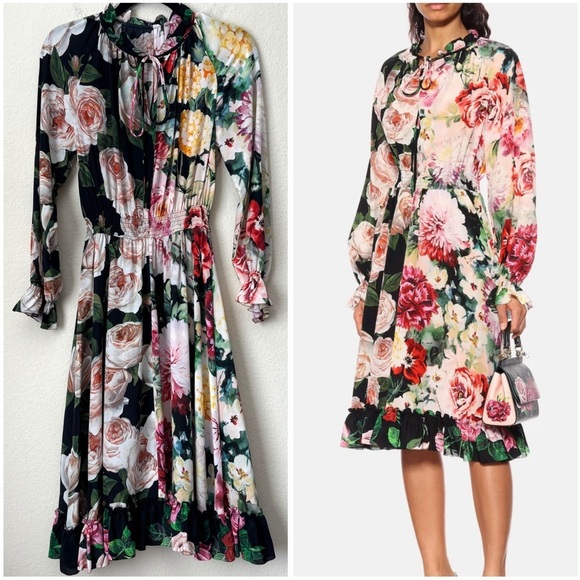 Dolce & Gabbana Silk Mixed Floral Print Long Sleeve Midi Dress - Picture 1 of 16